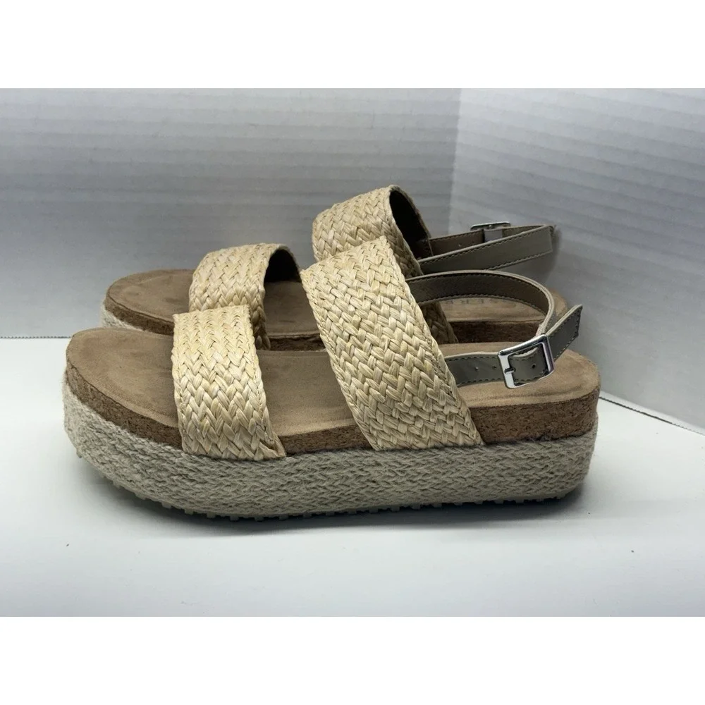 Serra Raffia Platform Sandals Womens Size 8 Woven Espadrille Ankle Strap EUC‎
